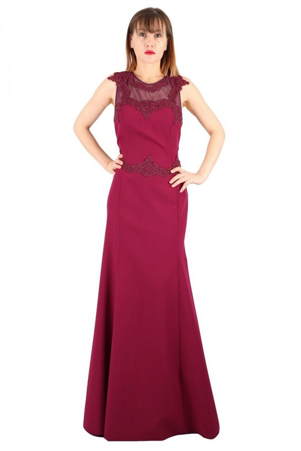 Fierte Kadın Büyük Beden Abiye Elbise Tn7640 Yuvarlak Yaka Düğün Mezuniyet Mürdüm Fuşya - 12