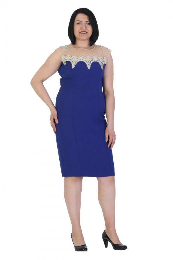 Fierte Kadın Büyük Beden Abiye Elbise Vs5967 Yuvarlak Yaka Düşük Kol Dantel İşleme Krep Diz Altı Saks Lacivert Mor Siyah - 2