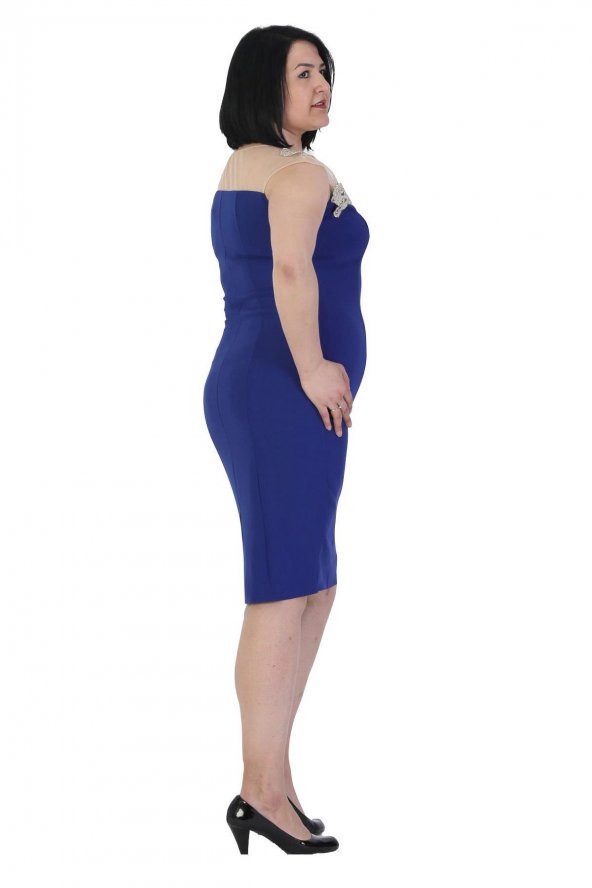 Fierte Kadın Büyük Beden Abiye Elbise Vs5967 Yuvarlak Yaka Düşük Kol Dantel İşleme Krep Diz Altı Saks Lacivert Mor Siyah - 4