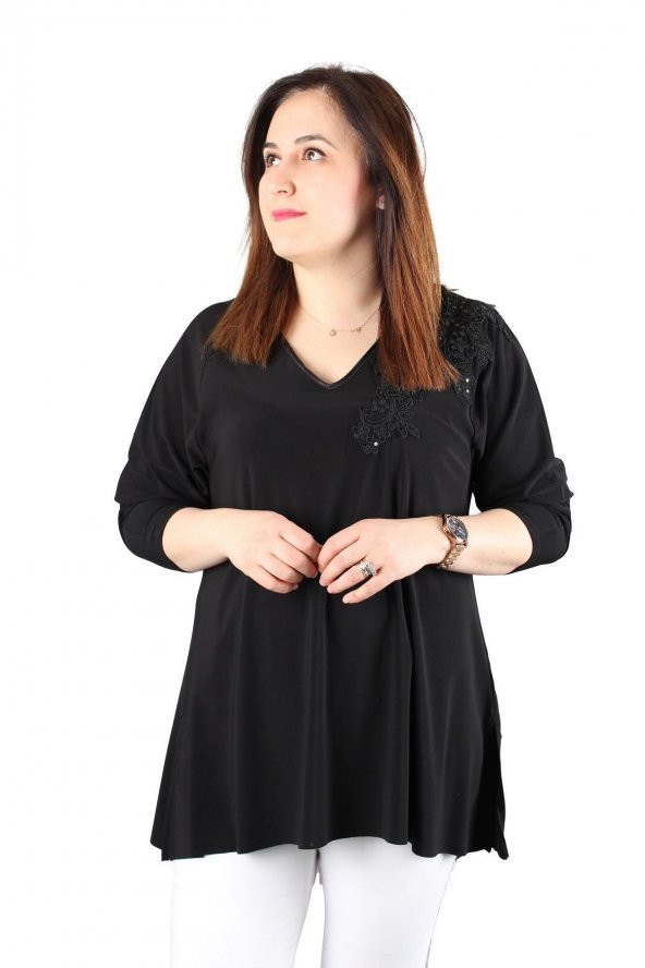 Fierte Kadın Büyük Beden Bluz CcDinle V Yaka Sandy Esnek Kumaş Uzun Kol Dantel Detay Siyah