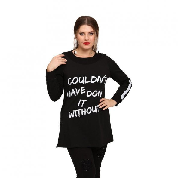 Fierte Kadın Büyük Beden Bluz Lm43030 Yuvarlak Yaka Uzun Kol Sweatshirt Yan Fermuarlı Yırtmaç Detay Antrasit Siyah