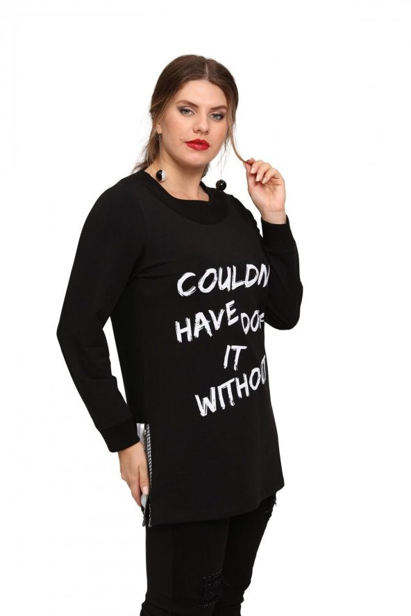 Fierte Kadın Büyük Beden Bluz Lm43030 Yuvarlak Yaka Uzun Kol Sweatshirt Yan Fermuarlı Yırtmaç Detay Antrasit Siyah - 3