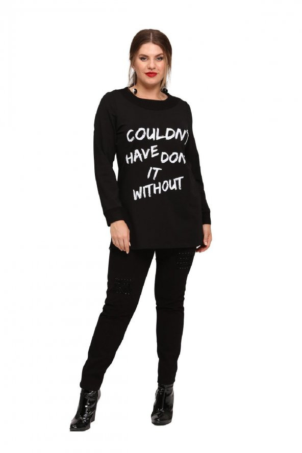 Fierte Kadın Büyük Beden Bluz Lm43030 Yuvarlak Yaka Uzun Kol Sweatshirt Yan Fermuarlı Yırtmaç Detay Antrasit Siyah - 5