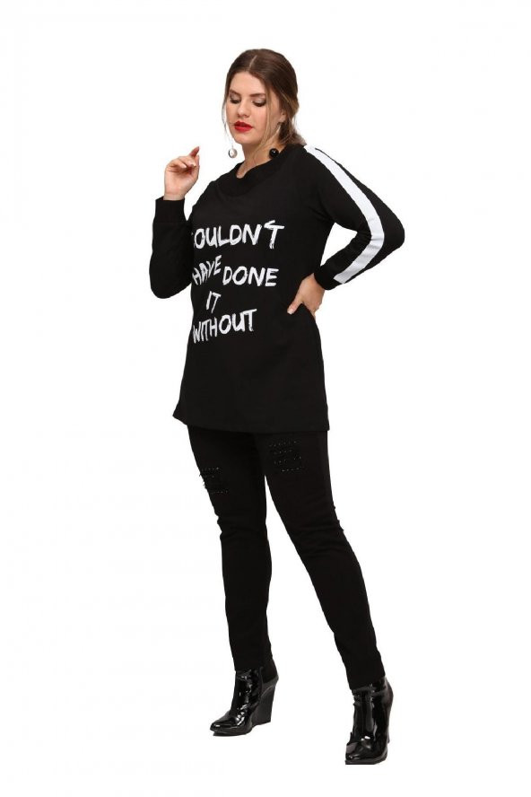 Fierte Kadın Büyük Beden Bluz Lm43030 Yuvarlak Yaka Uzun Kol Sweatshirt Yan Fermuarlı Yırtmaç Detay Antrasit Siyah - 6