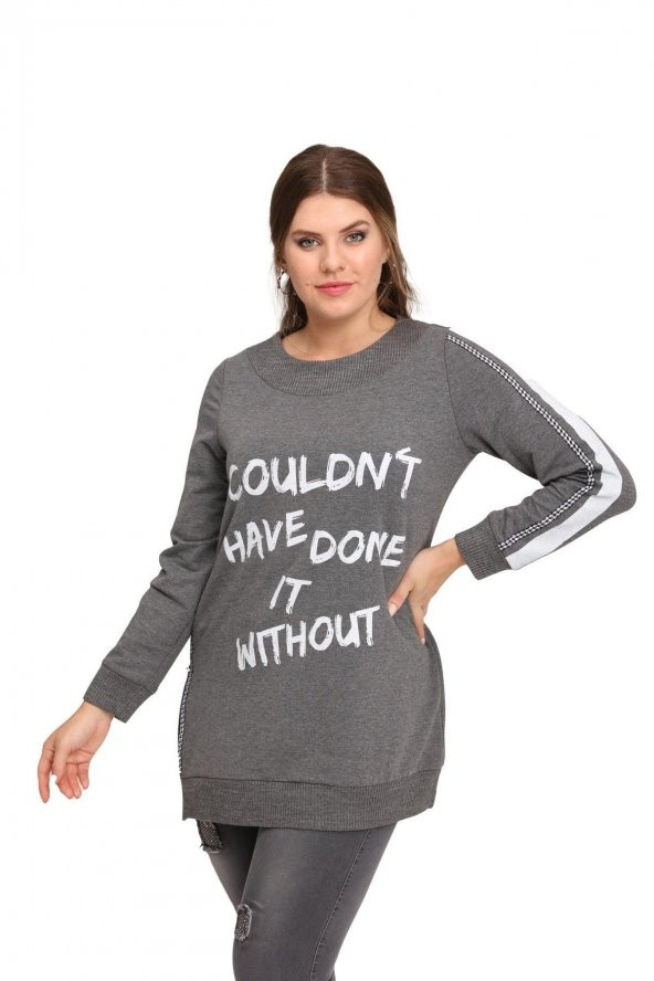 Fierte Kadın Büyük Beden Bluz Lm43030 Yuvarlak Yaka Uzun Kol Sweatshirt Yan Fermuarlı Yırtmaç Detay Antrasit Siyah - 9