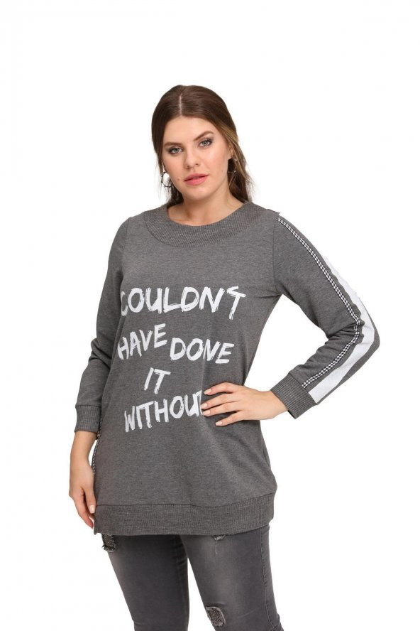 Fierte Kadın Büyük Beden Bluz Lm43030 Yuvarlak Yaka Uzun Kol Sweatshirt Yan Fermuarlı Yırtmaç Detay Antrasit Siyah - 10