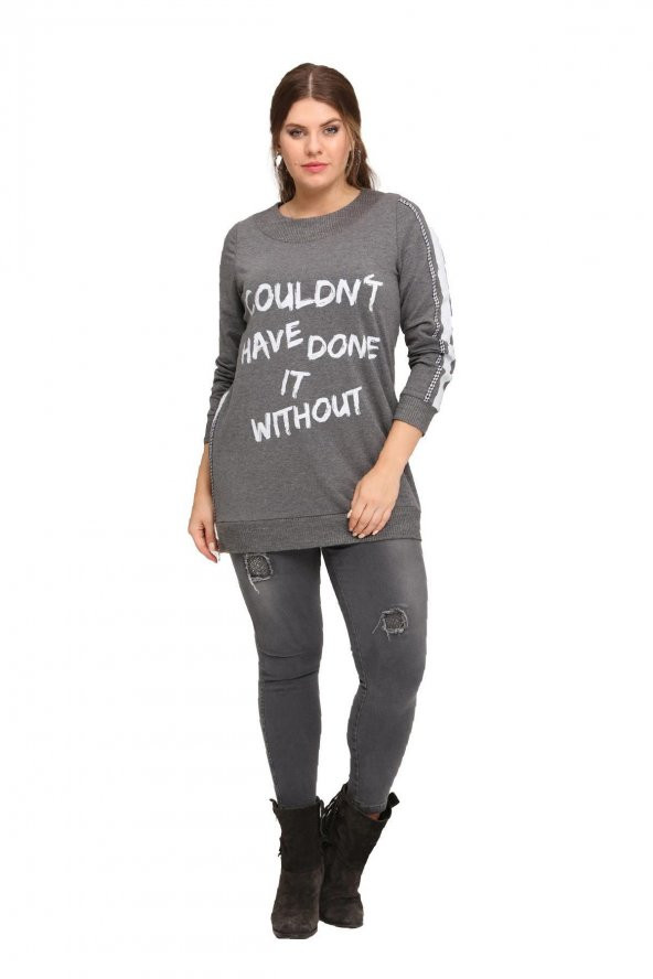 Fierte Kadın Büyük Beden Bluz Lm43030 Yuvarlak Yaka Uzun Kol Sweatshirt Yan Fermuarlı Yırtmaç Detay Antrasit Siyah - 11