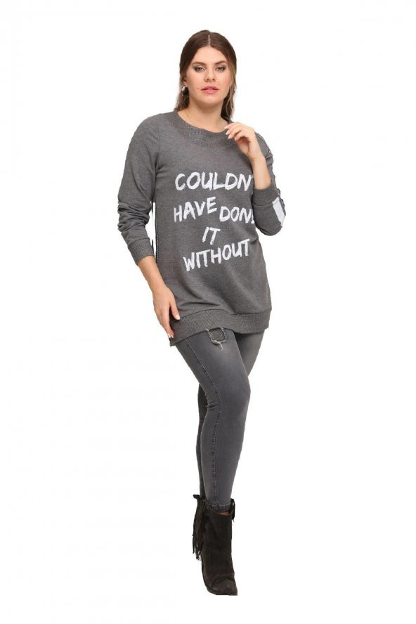 Fierte Kadın Büyük Beden Bluz Lm43030 Yuvarlak Yaka Uzun Kol Sweatshirt Yan Fermuarlı Yırtmaç Detay Antrasit Siyah - 12