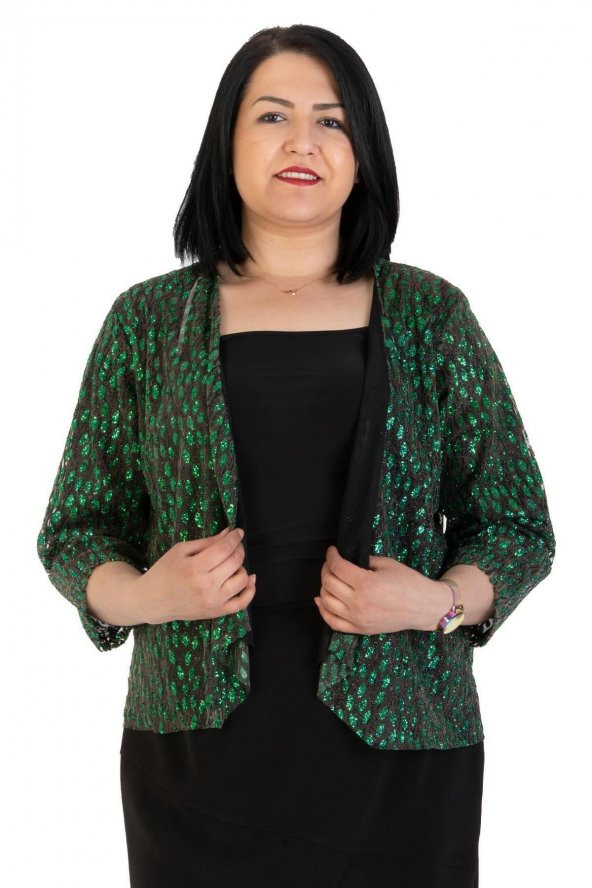 Fierte Kadın Büyük Beden Hırka Nly3538 Yakasız Salaş Truvakar Kol Kısa Mevsimlik Taş Sim Kombin Siyah Yeşil Gümüş - 3