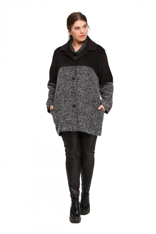 Fierte Kadın Büyük Beden Kaban Lm46210 Erkek Yaka Düğme Kapama Uzun Kol Spor Cep Buklet Yün Karışım Kaşe Kombin Siyah