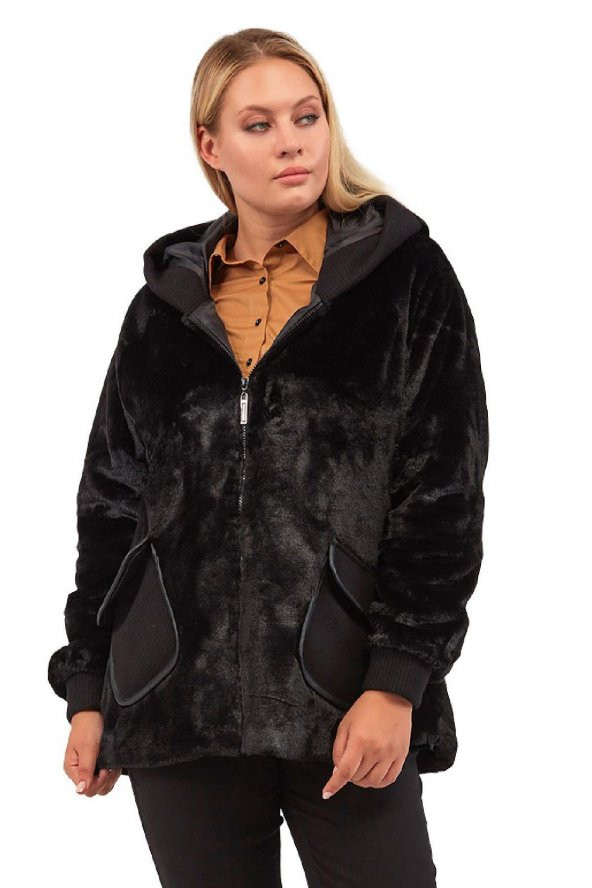 Fierte Kadın Büyük Beden Kaban Lm56060 Sabit Kapüşon Fermuar Kapama Spor Cep Astar Peluş Kürk Siyah Taba - 2