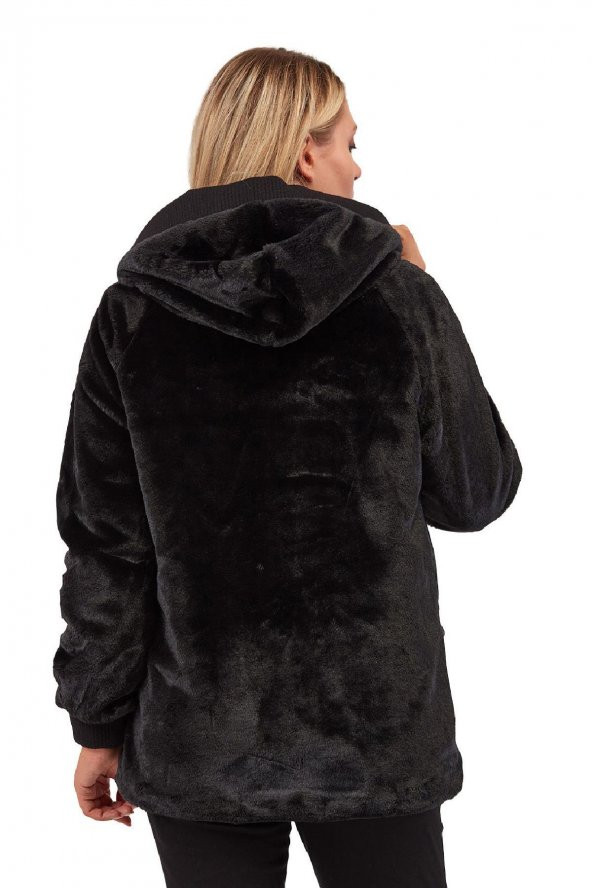 Fierte Kadın Büyük Beden Kaban Lm56060 Sabit Kapüşon Fermuar Kapama Spor Cep Astar Peluş Kürk Siyah Taba - 4
