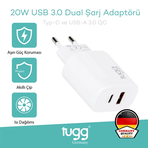 Tugg Germany Orjinal Hızlı Şarj Başlık USB+Type-C Girişli 20W 104403 - 5