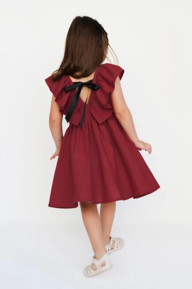 Kız Çocuk Bordo Cherry Fiyonklu Fırfırlı Elbise Toka Takım ELB-0075.6 - Resim 2