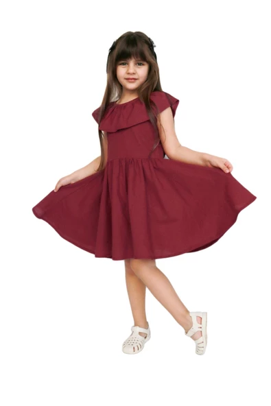 Kız Çocuk Bordo Cherry Fiyonklu Fırfırlı Elbise Toka Takım ELB-0075.6 - Resim 6
