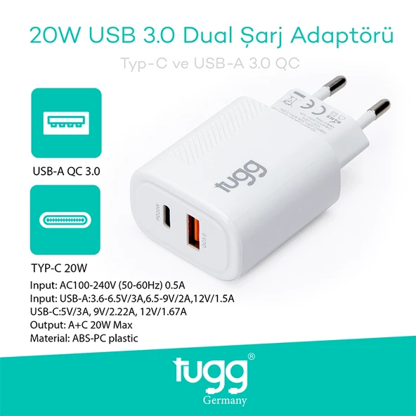 Tugg Germany Orjinal Hızlı Şarj Başlık USB+Type-C Girişli 20W 104403 - 2