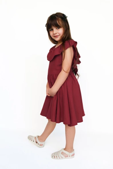 Kız Çocuk Bordo Cherry Fiyonklu Fırfırlı Elbise Toka Takım ELB-0075.6 - Resim 3