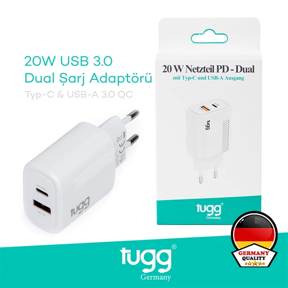 Tugg Germany Orjinal Hızlı Şarj Başlık USB+Type-C Girişli 20W 104403 - 4