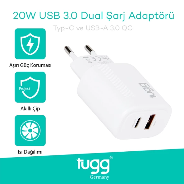 Tugg Germany Orjinal Hızlı Şarj Başlık USB+Type-C Girişli 20W 104403 - 3