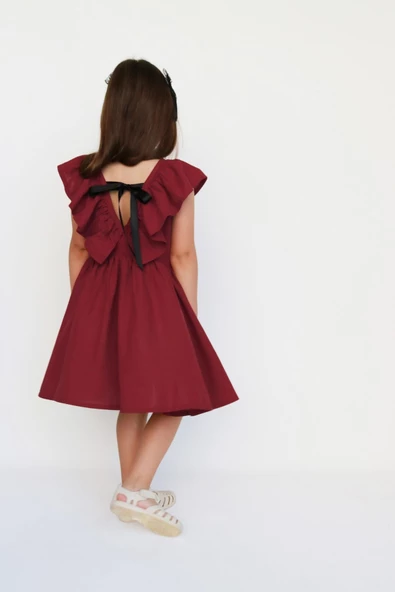 Kız Çocuk Bordo Cherry Fiyonklu Fırfırlı Elbise Toka Takım ELB-0075.6 - Resim 5