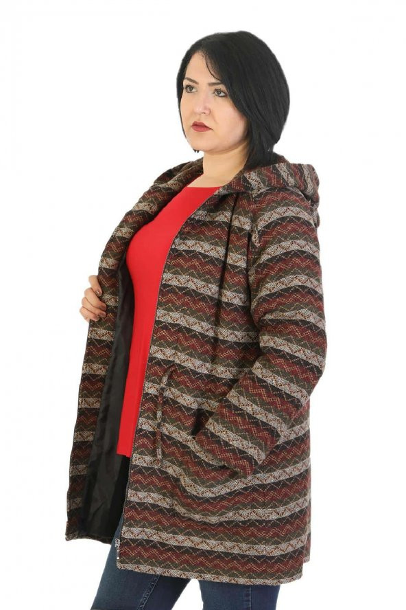 Fierte Kadın Büyük Beden Kaban Lm86041 Sabit Kapüşon Fermuar Kapama Desenli Astar Cep Bel Bağlama Yün Karışım Lacivert Camel - 5