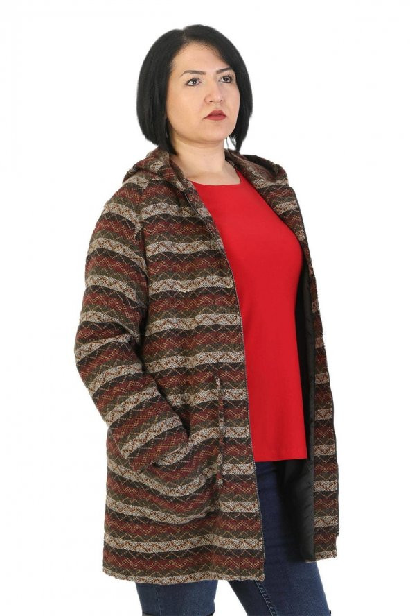 Fierte Kadın Büyük Beden Kaban Lm86041 Sabit Kapüşon Fermuar Kapama Desenli Astar Cep Bel Bağlama Yün Karışım Lacivert Camel - 6