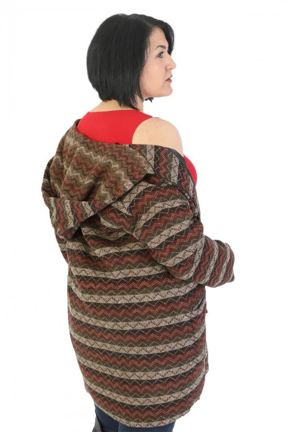 Fierte Kadın Büyük Beden Kaban Lm86041 Sabit Kapüşon Fermuar Kapama Desenli Astar Cep Bel Bağlama Yün Karışım Lacivert Camel - 7