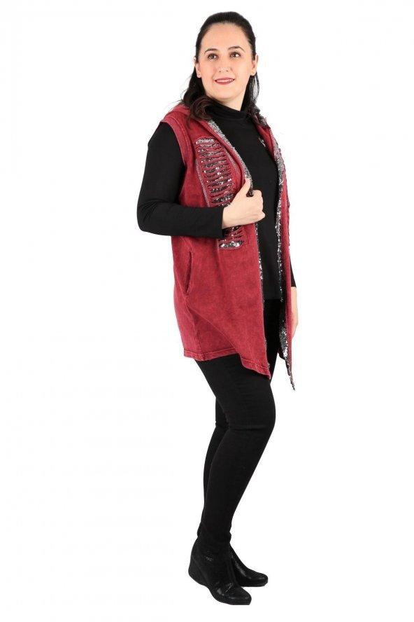 Fierte Kadın Büyük Beden Yelek Sws3005 Sabit Kapüşon Pul Payet Detay Spor Cep Yıkanmış Penye Siyah Lacivert Haki Bordo