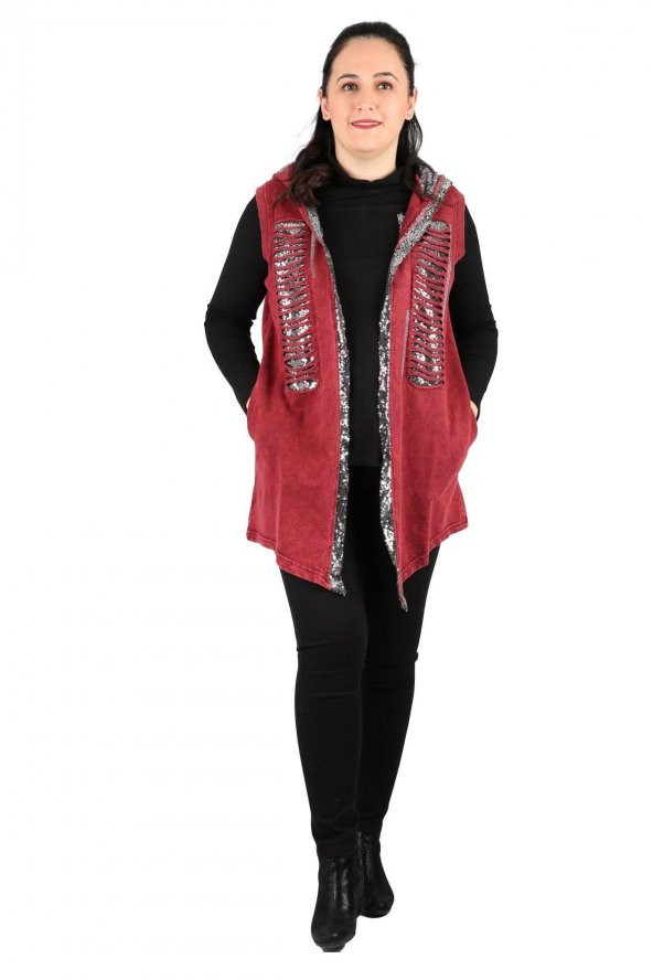 Fierte Kadın Büyük Beden Yelek Sws3005 Sabit Kapüşon Pul Payet Detay Spor Cep Yıkanmış Penye Siyah Lacivert Haki Bordo - 2