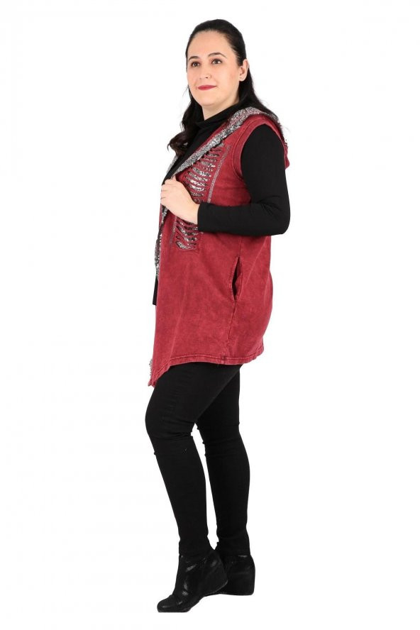 Fierte Kadın Büyük Beden Yelek Sws3005 Sabit Kapüşon Pul Payet Detay Spor Cep Yıkanmış Penye Siyah Lacivert Haki Bordo - 3