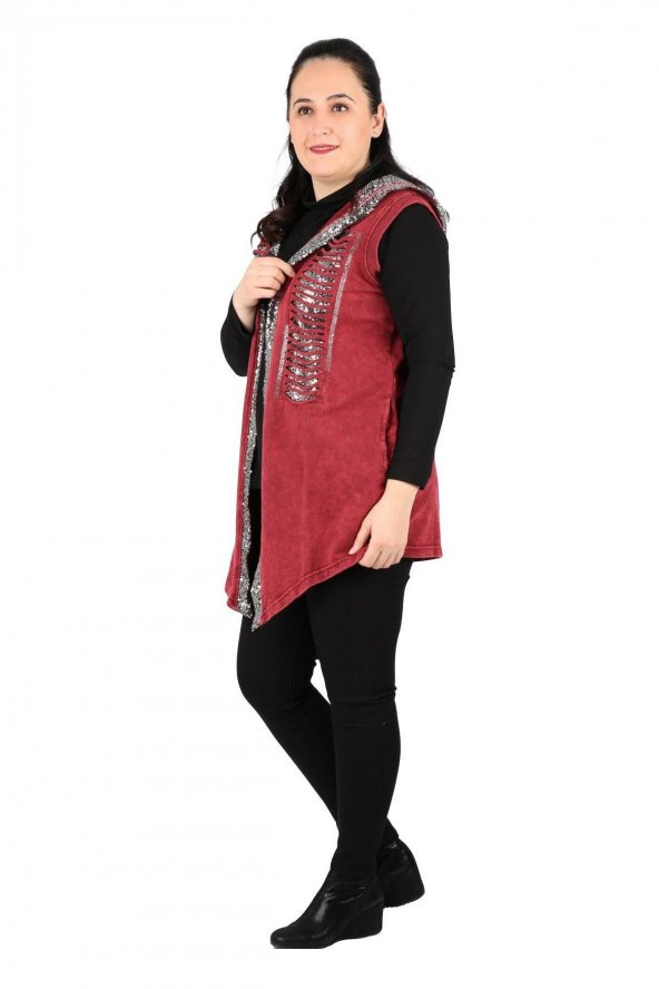 Fierte Kadın Büyük Beden Yelek Sws3005 Sabit Kapüşon Pul Payet Detay Spor Cep Yıkanmış Penye Siyah Lacivert Haki Bordo - 4