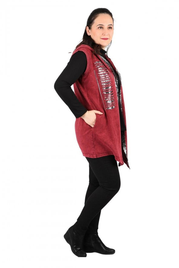 Fierte Kadın Büyük Beden Yelek Sws3005 Sabit Kapüşon Pul Payet Detay Spor Cep Yıkanmış Penye Siyah Lacivert Haki Bordo - 5