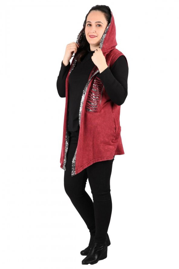 Fierte Kadın Büyük Beden Yelek Sws3005 Sabit Kapüşon Pul Payet Detay Spor Cep Yıkanmış Penye Siyah Lacivert Haki Bordo - 6