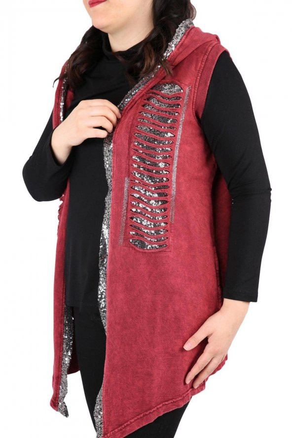 Fierte Kadın Büyük Beden Yelek Sws3005 Sabit Kapüşon Pul Payet Detay Spor Cep Yıkanmış Penye Siyah Lacivert Haki Bordo - 8