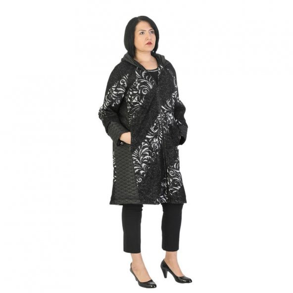 Fierte Kadın Büyük Beden Kaban Ayl70942 Sabit Kapüşon Fermuar Kapama Uzun Kol Spor Çift Cep Kaşe Kapitone Kombin Astar  Manto Siyah