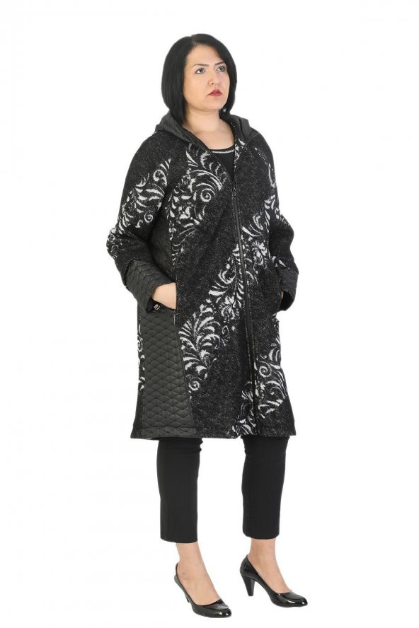 Fierte Kadın Büyük Beden Kaban Ayl70942 Sabit Kapüşon Fermuar Kapama Uzun Kol Spor Çift Cep Kaşe Kapitone Kombin Astar  Manto Siyah - 2