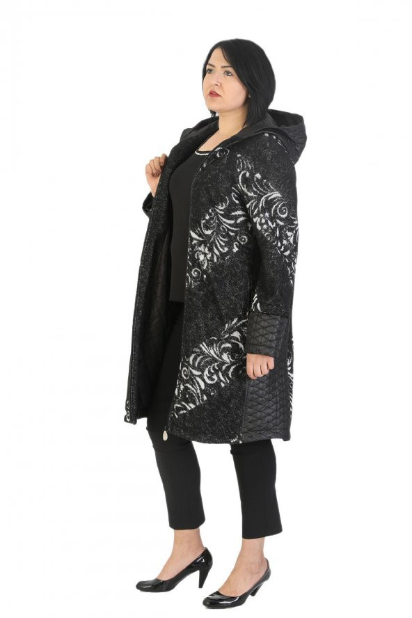 Fierte Kadın Büyük Beden Kaban Ayl70942 Sabit Kapüşon Fermuar Kapama Uzun Kol Spor Çift Cep Kaşe Kapitone Kombin Astar  Manto Siyah - 3