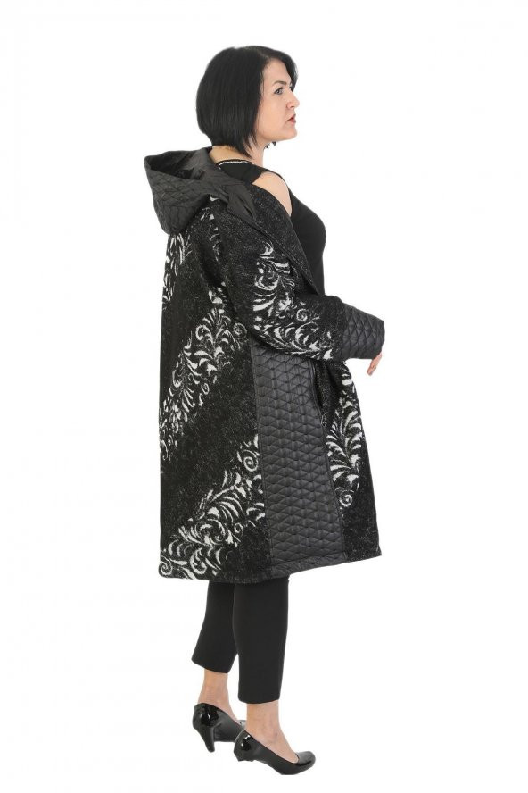 Fierte Kadın Büyük Beden Kaban Ayl70942 Sabit Kapüşon Fermuar Kapama Uzun Kol Spor Çift Cep Kaşe Kapitone Kombin Astar  Manto Siyah - 4