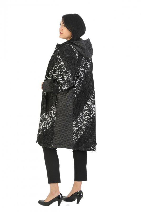 Fierte Kadın Büyük Beden Kaban Ayl70942 Sabit Kapüşon Fermuar Kapama Uzun Kol Spor Çift Cep Kaşe Kapitone Kombin Astar  Manto Siyah - 5