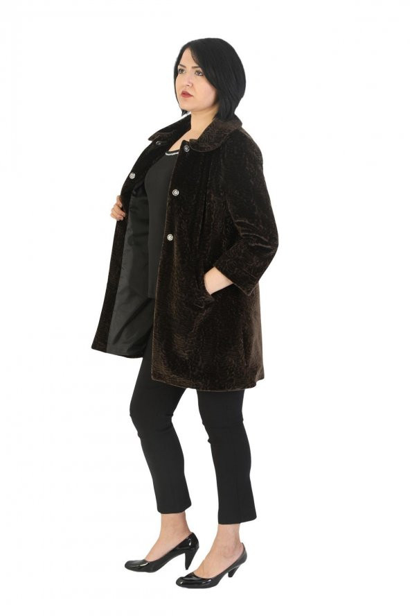 Fierte Kadın Büyük Beden Kaban Trbn3002 Bebe Yaka Düğme Kapama Astar Cep Astragan Suni Kürk Kısa Manto Kahverengi