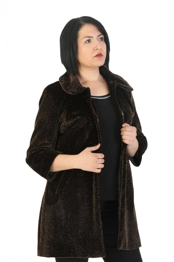 Fierte Kadın Büyük Beden Kaban Trbn3002 Bebe Yaka Düğme Kapama Astar Cep Astragan Suni Kürk Kısa Manto Kahverengi - 2