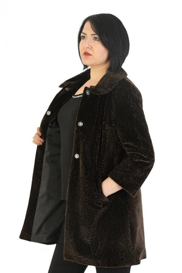 Fierte Kadın Büyük Beden Kaban Trbn3002 Bebe Yaka Düğme Kapama Astar Cep Astragan Suni Kürk Kısa Manto Kahverengi - 3