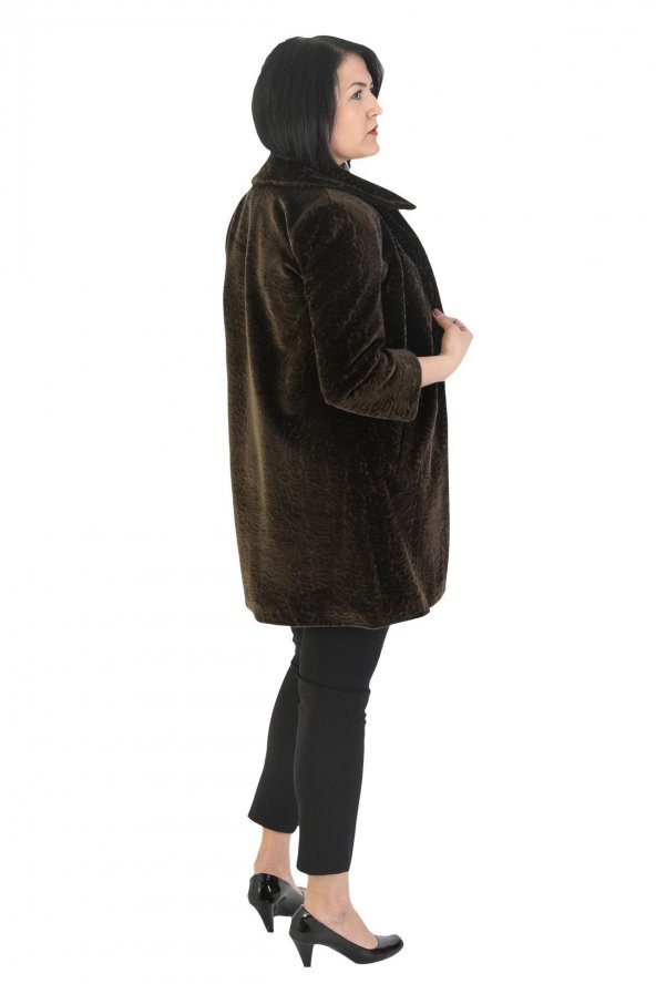 Fierte Kadın Büyük Beden Kaban Trbn3002 Bebe Yaka Düğme Kapama Astar Cep Astragan Suni Kürk Kısa Manto Kahverengi - 6