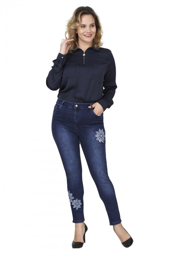 Fierte Kadın Büyük Beden Pantolon Rg1481 Jean Yüksek Bel Dar Paça Çiçek Detay Fermuar Kapama Cep Kot Lacivert - 2
