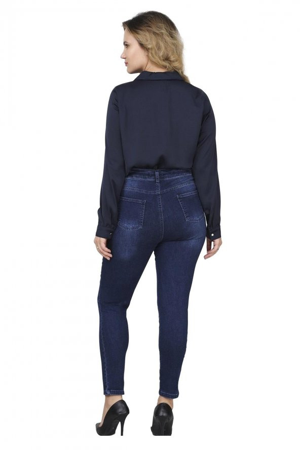Fierte Kadın Büyük Beden Pantolon Rg1481 Jean Yüksek Bel Dar Paça Çiçek Detay Fermuar Kapama Cep Kot Lacivert - 3