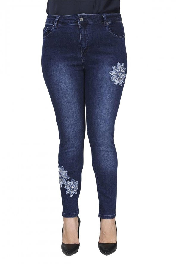 Fierte Kadın Büyük Beden Pantolon Rg1481 Jean Yüksek Bel Dar Paça Çiçek Detay Fermuar Kapama Cep Kot Lacivert - 5