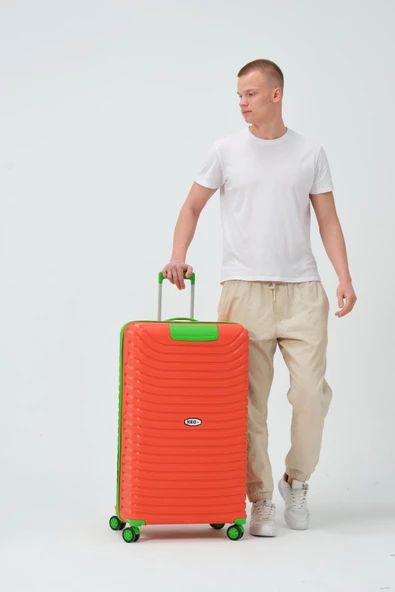Keo-Plus Turuncu-Yeşil Büyük Boy Silikon PP Kırılmaz Valiz - 7