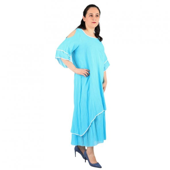 Fierte Kadın Büyük Beden Elbise Lm24471 Yuvarlak Yaka Yarım Kol Açık Omuz Detay Pamuk Diz Altı Simetrik Turuncu Turkuaz