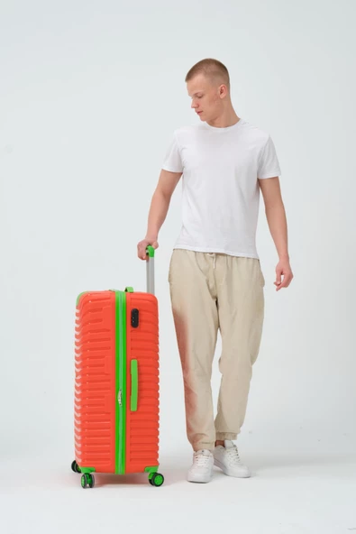 Keo-Plus Turuncu-Yeşil Büyük Boy Silikon PP Kırılmaz Valiz - 4