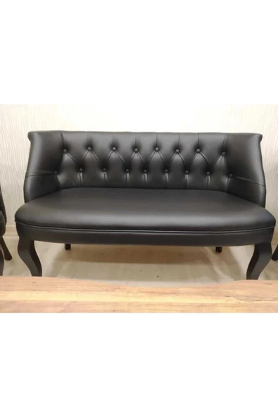 ARYANS HOME Siyah Deri Ahşap Ayaklı Ofis Koltuk Takımı Bekleme Koltuğu 2 1 1 Takım - Resim 3